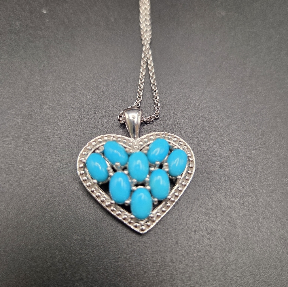 S/S Seeping Beauty Turquoise Heart Pendant Necklace. 18" With 2" Extender - Picture 3 of 8